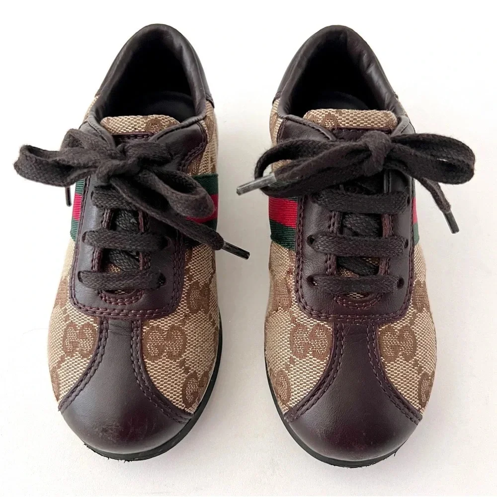 GUCCI || Baby Supreme GG Logo Web Stripe Lace Up Canvas Leather Sneakers Size 24 - Picture 2 of 13